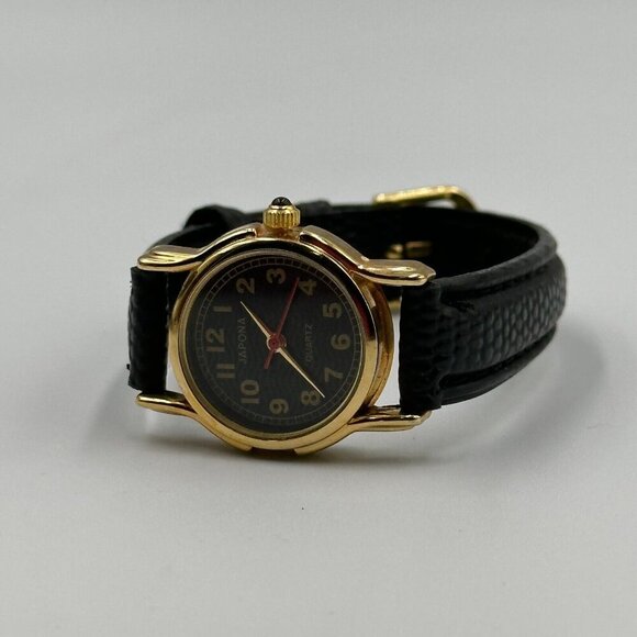 3/$30 Japona Watch Women Gold Tone Black Dial Embossed Leather Band  7.5" - Picture 9 of 15